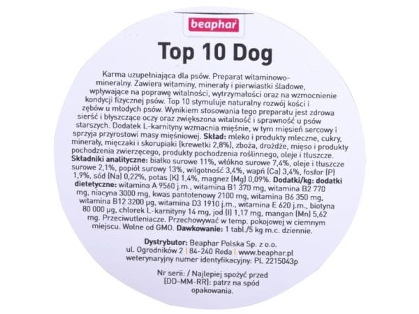 Beaphar Top 10, Hund, Tablet, Generelt Sundhed, Vitamin A, Vitamin B1, Vitamin B12, Vitamin B2, Vitamin B3, Vitamin B6, Vitamin D3, Vitamin E,..., Ka