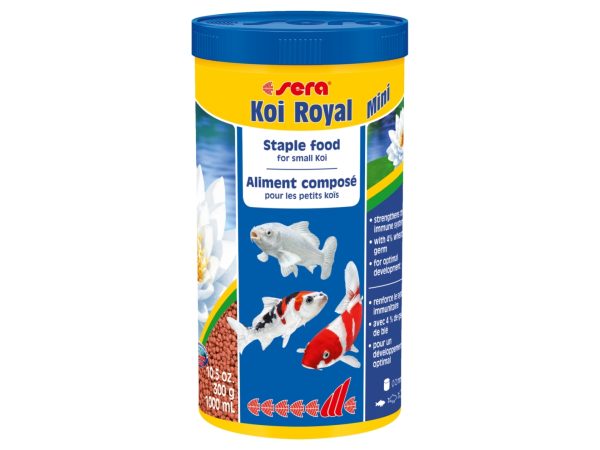 Sera Koi Royal Mini, Dam Fisk, Tør Fiskefoder, Granulat, Vitamin A, Vitamin B1, Vitamin B2, Vitamin C, Vitamin D3, Vitamin E, Lille, 32,5%