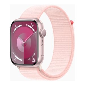 Apple Watch Series 9 (Gps) - 45 Mm - Pink Aluminium - Smart Ur Med Sportsløkke - Blød Dobbeltlagsnylon - Lys Pink - 64 Gb - Wi-Fi, Bluetooth, Uwb - 3