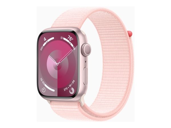 Apple Watch Series 9 (Gps) - 45 Mm - Pink Aluminium - Smart Ur Med Sportsløkke - Blød Dobbeltlagsnylon - Lys Pink - 64 Gb - Wi-Fi, Bluetooth, Uwb - 3