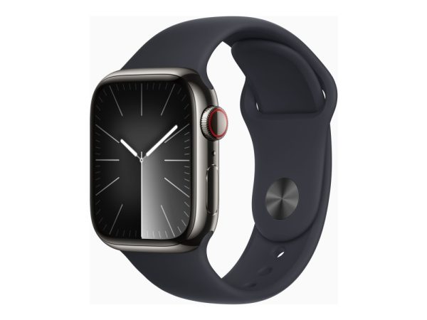 Apple Watch Series 9 (Gps + Cellular) - 41 Mm - Grafit Rustfrit Stål - Smart Ur Med Sportsbånd - Fluoroelastomer - Midnat - Båndstørrelse: M/L - 64 G