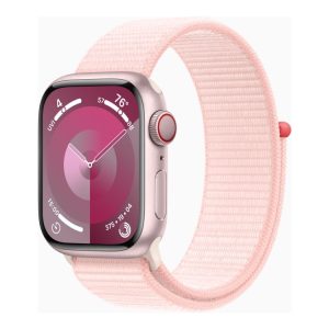 Apple Watch Series 9 (Gps + Cellular) - 41 Mm - Pink Aluminium - Smart Ur Med Sportsløkke - Blød Dobbeltlagsnylon - Lys Pink - 64 Gb - Wi-Fi, Bluetoo