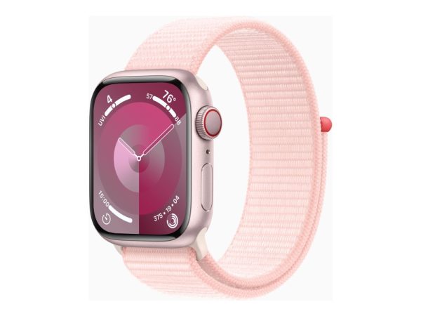 Apple Watch Series 9 (Gps + Cellular) - 41 Mm - Pink Aluminium - Smart Ur Med Sportsløkke - Blød Dobbeltlagsnylon - Lys Pink - 64 Gb - Wi-Fi, Bluetoo