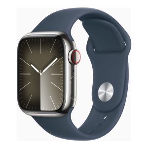 Apple Watch Series 9 (Gps + Cellular) - 41 Mm - Sølv Rustfrit Stål - Smart Ur Med Sportsbånd - Fluoroelastomer - Stormblå - Båndstørrelse: M/L - 64 G