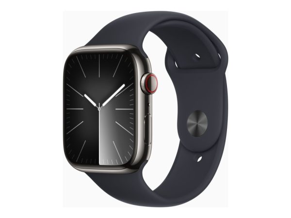 Apple Watch Series 9 (Gps + Cellular) - 45 Mm - Grafit Rustfrit Stål - Smart Ur Med Sportsbånd - Fluoroelastomer - Midnat - Båndstørrelse: S/M - 64 G