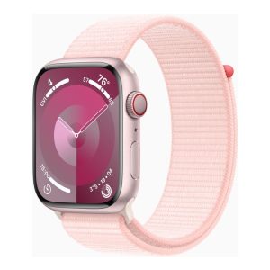 Apple Watch Series 9 (Gps + Cellular) - 45 Mm - Pink Aluminium - Smart Ur Med Sportsløkke - Blød Dobbeltlagsnylon - Lys Pink - 64 Gb - Wi-Fi, Bluetoo