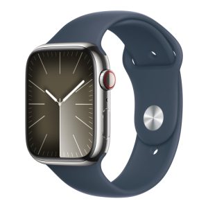 Apple Watch Series 9 (Gps + Cellular) - 45 Mm - Sølv Rustfrit Stål - Smart Ur Med Sportsbånd - Fluoroelastomer - Stormblå - Båndstørrelse: M/L - 64 G