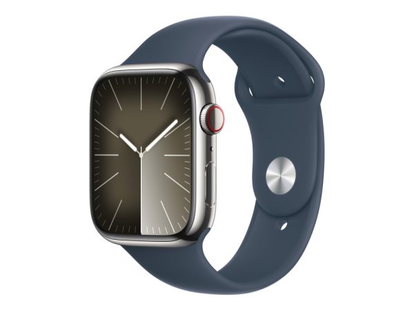 Apple Watch Series 9 (Gps + Cellular) - 45 Mm - Sølv Rustfrit Stål - Smart Ur Med Sportsbånd - Fluoroelastomer - Stormblå - Båndstørrelse: M/L - 64 G