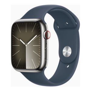 Apple Watch Series 9 (Gps + Cellular) - 45 Mm - Sølv Rustfrit Stål - Smart Ur Med Sportsbånd - Fluoroelastomer - Stormblå - Båndstørrelse: S/M - 64 G