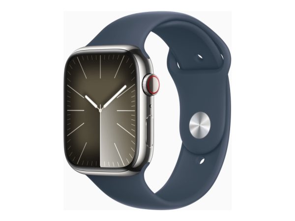 Apple Watch Series 9 (Gps + Cellular) - 45 Mm - Sølv Rustfrit Stål - Smart Ur Med Sportsbånd - Fluoroelastomer - Stormblå - Båndstørrelse: S/M - 64 G