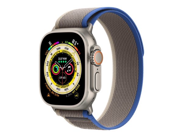 Apple Watch Ultra - 49 Mm - Titanium - Smart Ur Med Trail Loop - Blød Dobbeltlagsnylon - Blå/Grå - Båndstørrelse: S/M - 32 Gb - Wi-Fi, Lte, Uwb, Blue