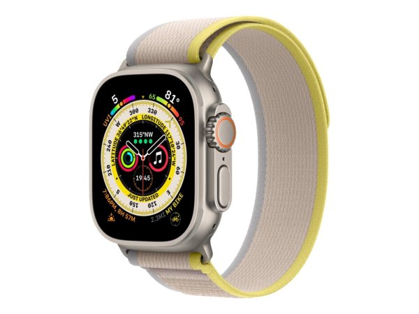 Apple Watch Ultra - 49 Mm - Titanium - Smart Ur Med Trail Loop - Blød Dobbeltlagsnylon - Gul/Beige - Båndstørrelse: M/L - 32 Gb - Wi-Fi, Lte, Uwb, Bl