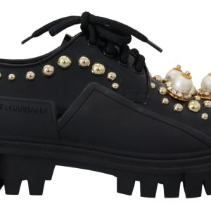 Dolce & Gabbana Sort Læder Trekking Derby Embellished Sko