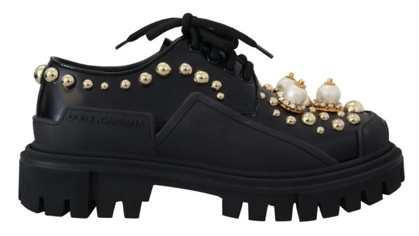 Dolce & Gabbana Sort Læder Trekking Derby Embellished Sko