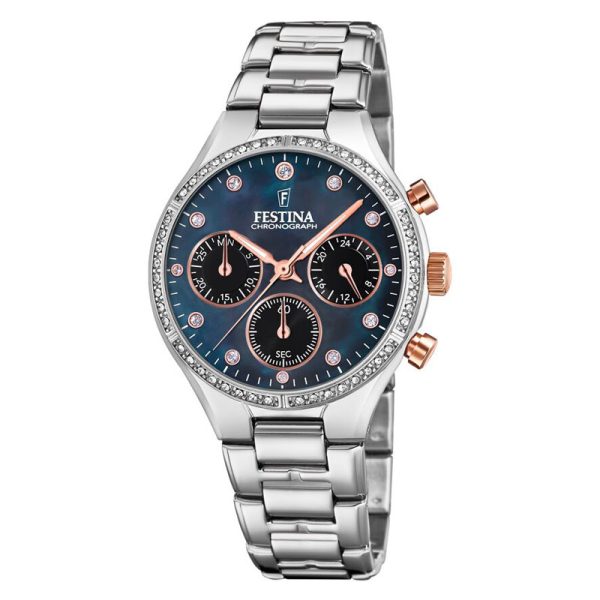 FESTINA chronograph armbåndsur i stål med sort perlemorsskive og cubic zirkonia