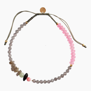 Harmony Bracelet With Calm Grey & Pink Gemstones and Khakigrey Ribbon - Stine A - Multi One Size