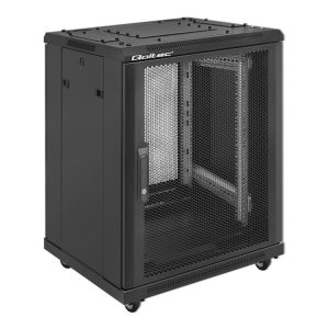 Qoltec - Rack Kabinet - 600 X 855 X 600, Perforated Doors, Feet + Casters, Steel Case, Lock - Fritstående - Sort - 15U - 19"