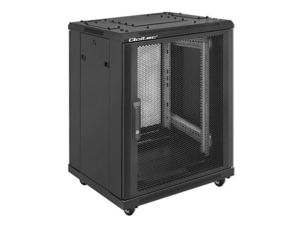 Qoltec - Rack Kabinet - 600 X 855 X 600, Perforated Doors, Feet + Casters, Steel Case, Lock - Fritstående - Sort - 15U - 19"