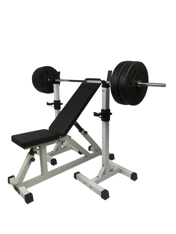 Skråbænk og enkeltstående squat rack m. 57 kg vægtsæt.