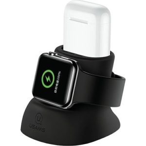 Usams Us-Zj051 2In1 Kompakt Silikoneholder - Stativ Til Opladning Af Apple Watch Og Airpods Sort