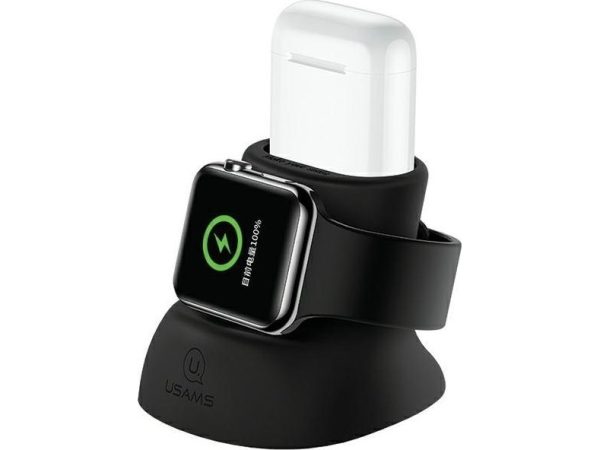 Usams Us-Zj051 2In1 Kompakt Silikoneholder - Stativ Til Opladning Af Apple Watch Og Airpods Sort