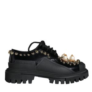 Dolce & Gabbana Black Leather Trekking Derby Embellished Sko