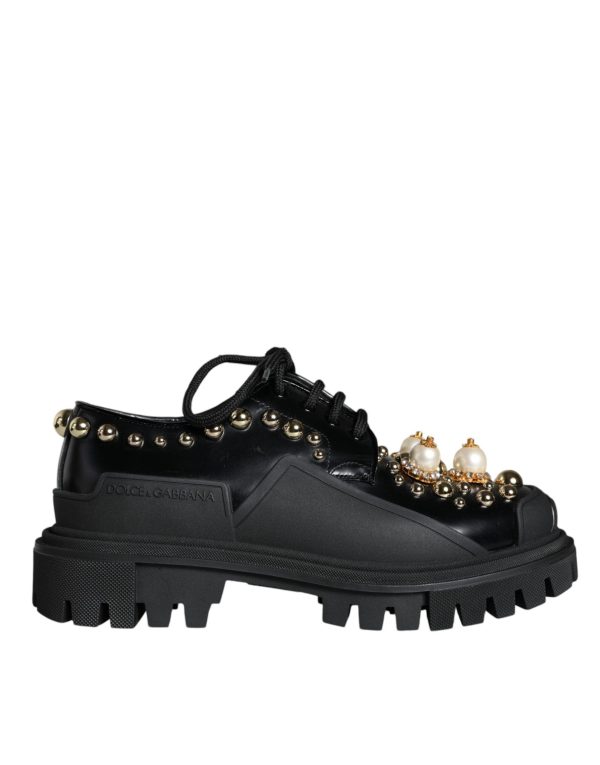 Dolce & Gabbana Black Leather Trekking Derby Embellished Sko