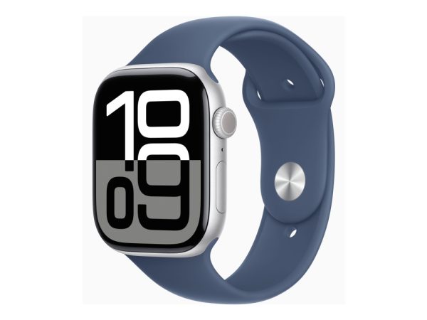 Apple Watch Series 10 (Gps) - 46 Mm - Sølvaluminium - Smart Ur Med Sportsbånd - Fluoroelastomer - Denim - Båndstørrelse: S/M - 64 Gb - Wi-Fi 4, Uwb,