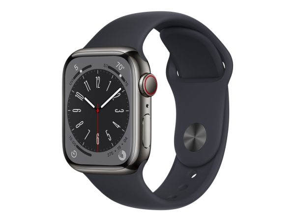 Apple Watch Series 8 (Gps + Cellular) - 41 Mm - Grafit Rustfrit Stål - Smart Ur Med Sportsbånd - Fluoroelastomer - Midnat - Båndstørrelse: Almindelig