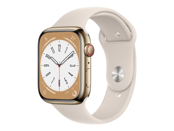 Apple Watch Series 8 (Gps + Cellular) - 45 Mm - Guld Rustfrit Stål - Smart Ur Med Sportsbånd - Fluoroelastomer - Stjernelys - Båndstørrelse: Almindel