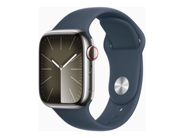 Apple Watch Series 9 (Gps + Cellular) - 41 Mm - Sølv Rustfrit Stål - Smart Ur Med Sportsbånd - Fluoroelastomer - Stormblå - Båndstørrelse: M/L - 64 G