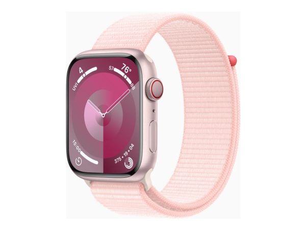 Apple Watch Series 9 (Gps + Cellular) - 45 Mm - Pink Aluminium - Smart Ur Med Sportsløkke - Blød Dobbeltlagsnylon - Lys Pink - 64 Gb - Wi-Fi, Bluetoo