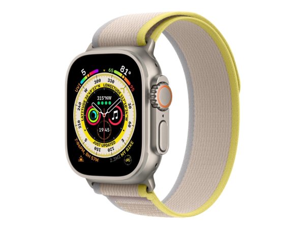 Apple Watch Ultra - 49 Mm - Titanium - Ja Smart Ur Med Trail Loop - Blød Dobbeltlagsnylon - Gul/Beige - Båndstørrelse: S/M - 32 Gb - Wi-Fi, Lte, Uwb,