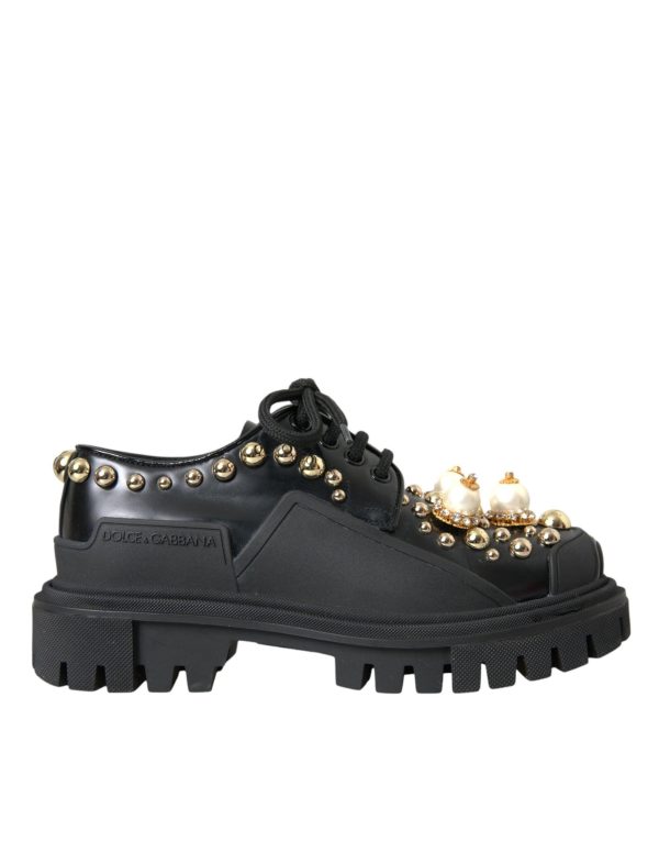 Dolce & Gabbana Black Leather Trekking Derby Embellished Sko