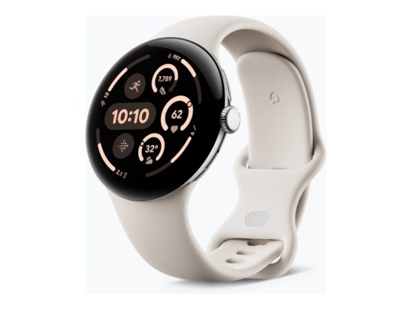 Google Pixel Watch 3 - 45 Mm - Poleret Sølvaluminium - Smart Ur Med Aktivt Bånd - Fluoroelastomer - Porcelæn - Båndstørrelse: L - 32 Gb - Bluetooth,