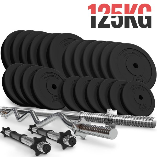 PhysionicsÂ® håndvægtsæt - 125 kg sæt, vægtstang (165 cm, Ø30 mm, stjernebeslag), 2 håndvægte (45 cm, justerbar), med SZ curlstang