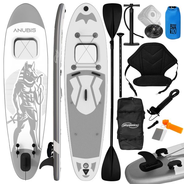 SUP Board - 320x80x15 cm, oppustelig, med kajaksæde, padle, rygsæk, finne, reparationssæt, pumpe, kameraholder, letvægts, sølv