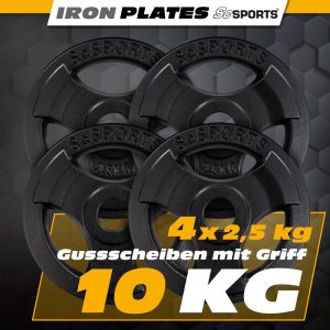 Vægtskiver - 10 kg sæt, 30 mm boring, tri-grip, støbejern, sort