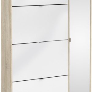Askepot skoskab hvid højglans og ege look med 4 vippelåger til 24 par sko og 1 skab med spejllåge.