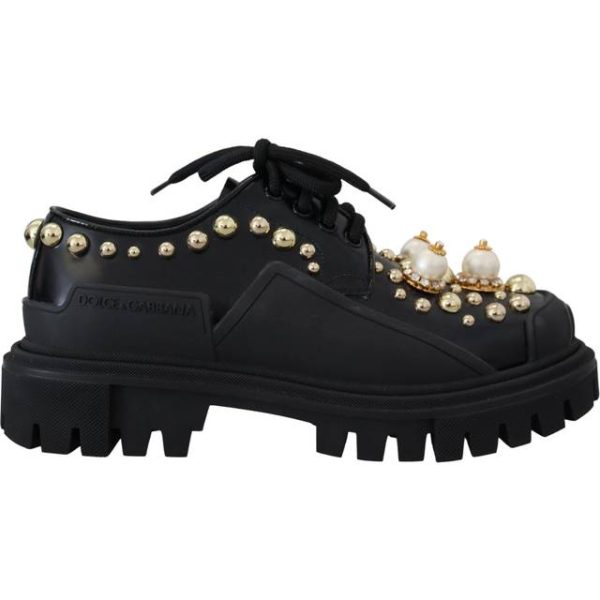 Dolce & Gabbana Black Leather Trekking Derby Embellished Shoes EU36/US5.5