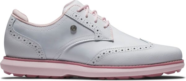 Footjoy Traditions (2025) Vandtætte Dame Golfsko Uden Spikes - White/White/Pink - Str. 36 1/2 Normal