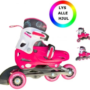 RASK Rulleskøjte 3-i-1 Pink LED - Justerbar over hele 4 sko-numre med smart kliksystem Str. 27-30 (fra 17-19 cm lang)