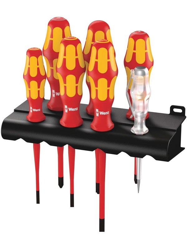 Wera 160 iS/7 Rack Skruetrækkersæt Kraftform Plus serie 100 + spændingssøger + rack. Med reduceret klingediameter, 7 dele