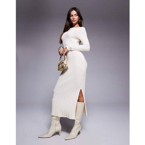 River Island Midikjole Med Ribber - Cremefarvet