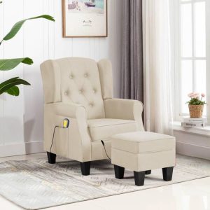 vidaXL Massagestol med fodskammel stof cremefarvet