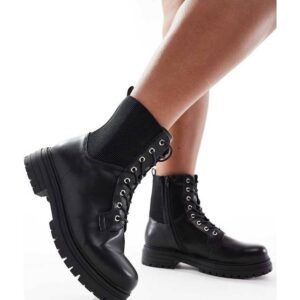 Yours Wide Fit Lace Up Chunky Boots - Black
