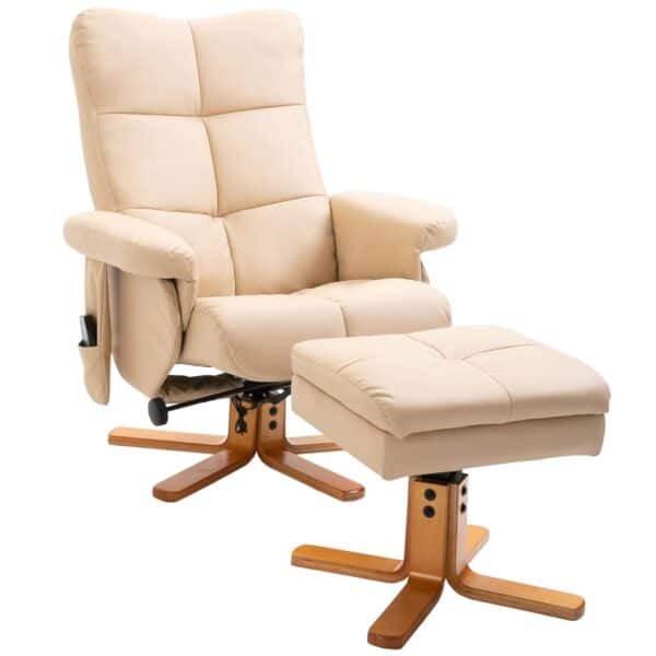 Afslappende stol massagestol med fodskammel opbevaringsplads hvilefunktion tv-stol med massagefunktion tv-stol 145Â° vipbar polyester cremehvid 80 x 86 x 99 cm