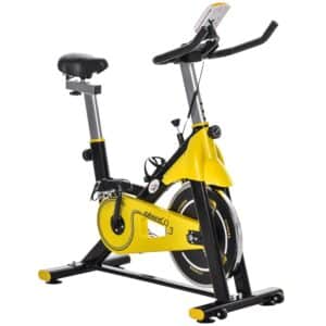 Cykeltræner højdejusterbar motionscykel fitnesscykel rulletræner med remtræk lcd-display stål abs gul + sort 45,5 x 100 x 101-113 cm