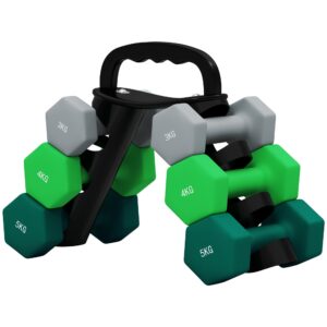 Håndvægtsæt med opbevaringsstativ, sæt med 6 håndvægte til fitnesstræning, 2 x 3 kg, 2 x 4 kg, 2 x 5 kg