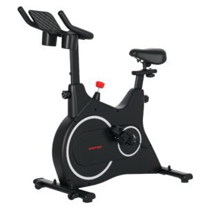 Motionscykel, fitnesscykel med lcd-skærm, tabletholder, flaskeholder, komfortabelt sæde, kompakt, sort
